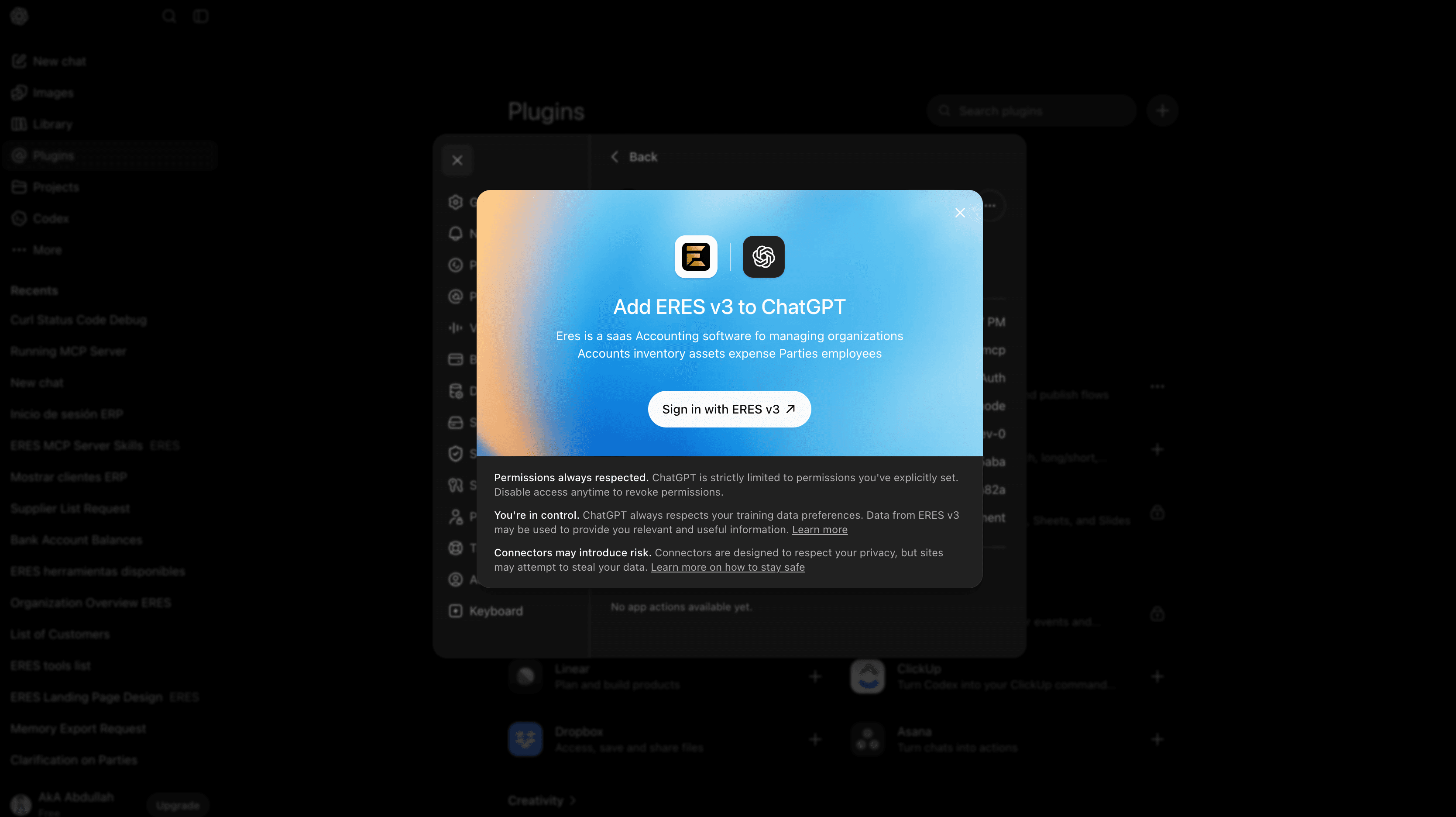 Adding the ERES connector inside ChatGPT