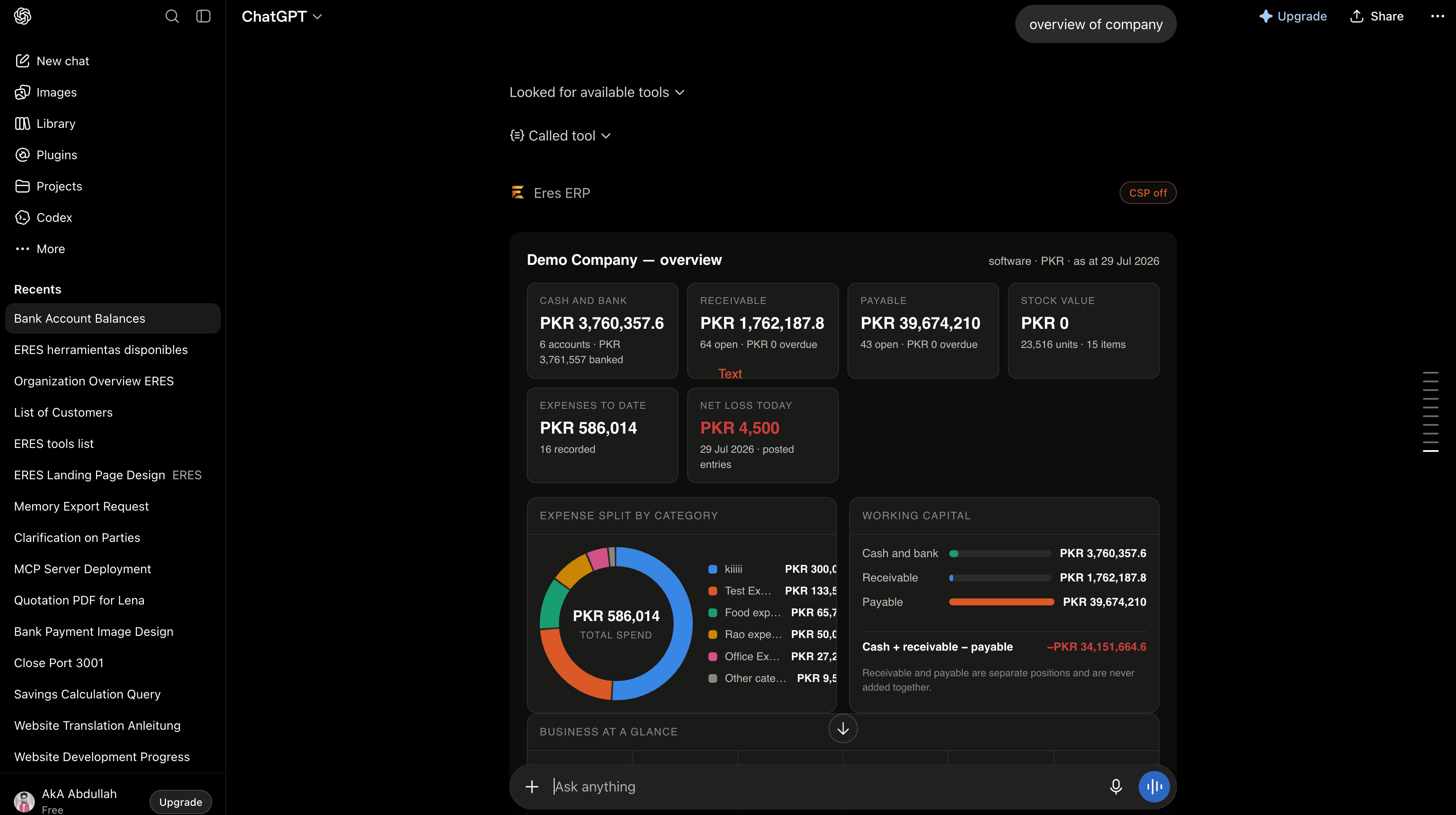 ChatGPT showing an ERES company overview with cash, receivable, payable and working capital