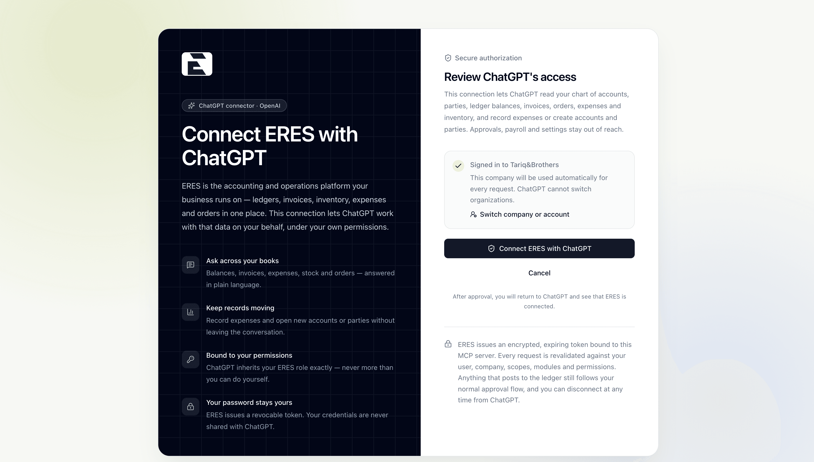 The ERES consent screen granting an AI agent scoped access to a company