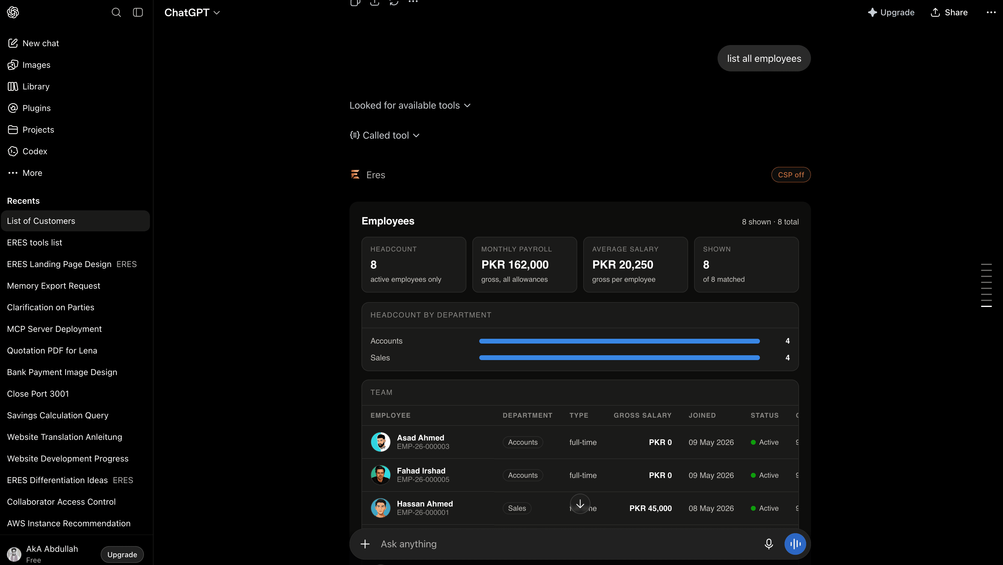 ChatGPT rendering an ERES employee directory with headcount and payroll totals