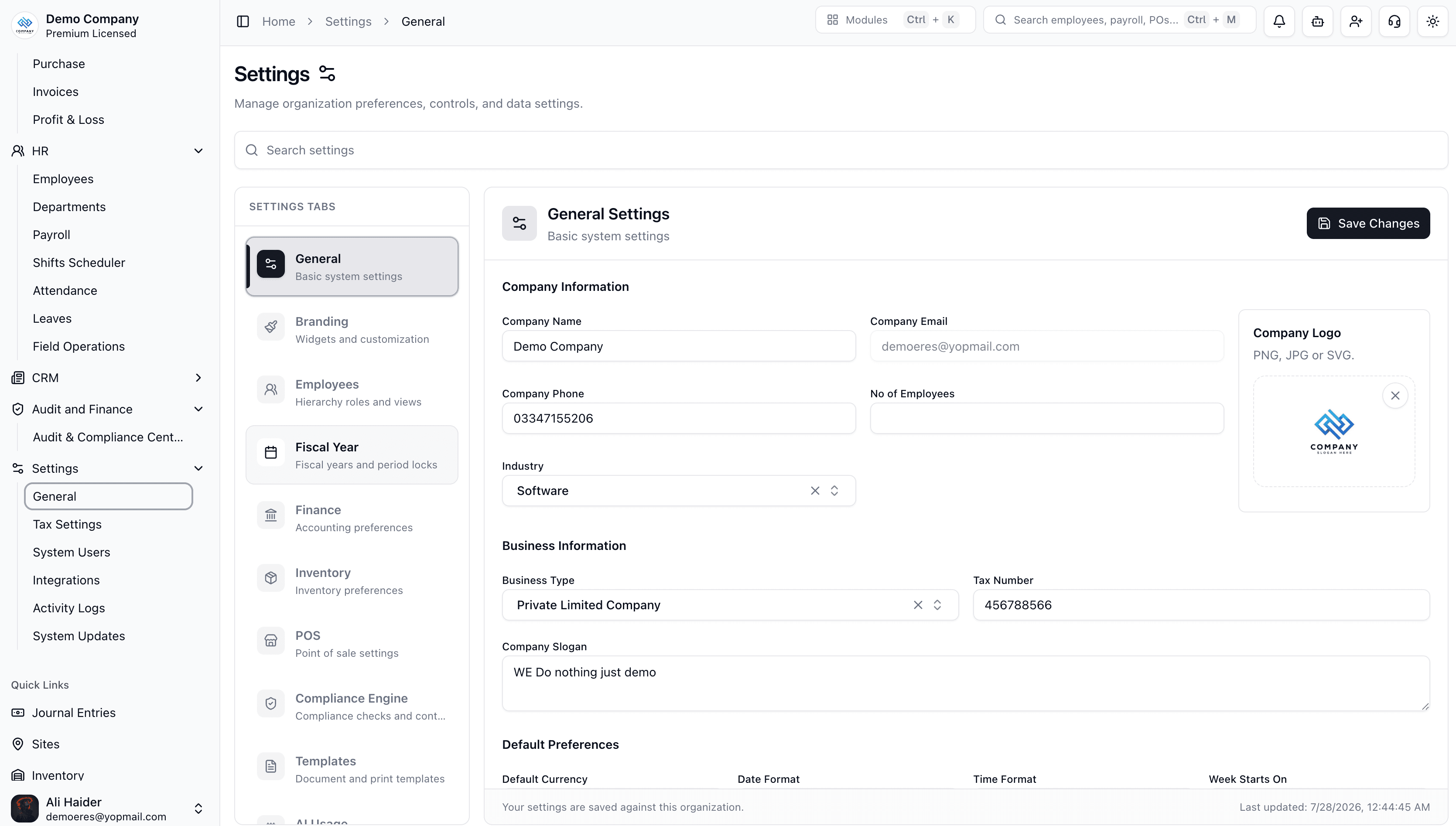 ERES organization settings screen