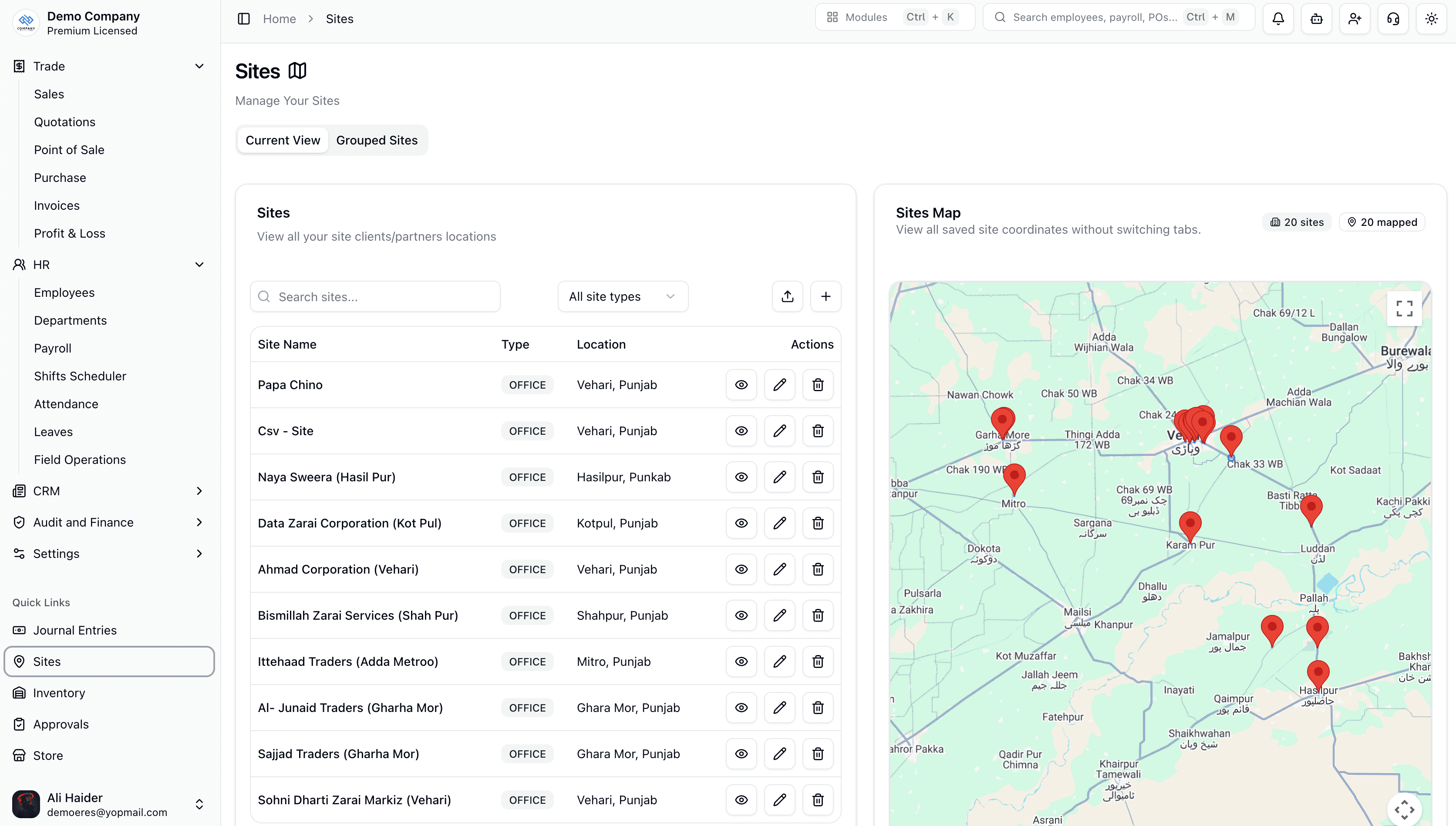 ERES sites and locations screen